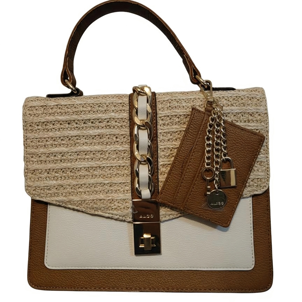 Aldo Two-Tone Straw & Leather Crossbody With Card Holder - Brown & Cream
